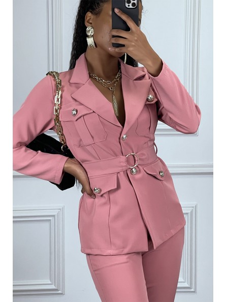 EnPEmble tailleur rose veste et pantalon avec ceinture réglable - 2