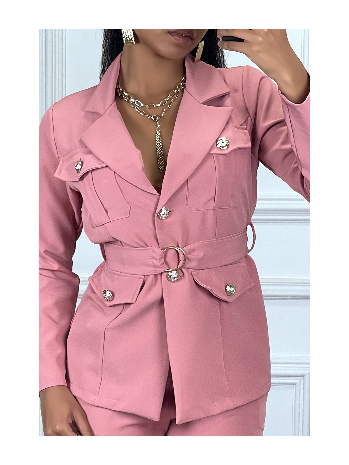 EnPEmble tailleur rose veste et pantalon avec ceinture réglable - 3