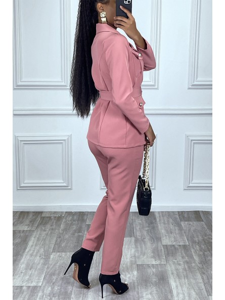 EnPEmble tailleur rose veste et pantalon avec ceinture réglable - 5