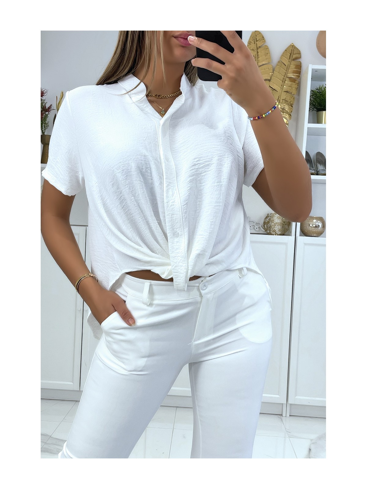 Chemise blanche col montant avec noeud intégré  - 3