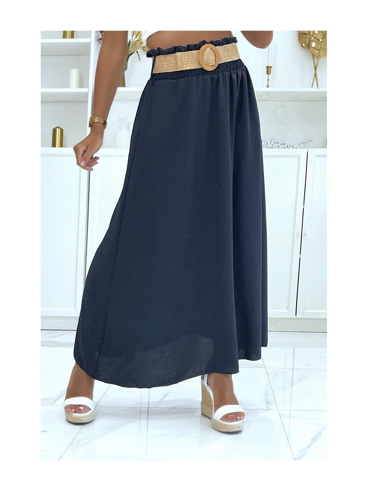 Longue jupe marine à ceinture effet paille élastique à la taille couleur vitaminée - 1