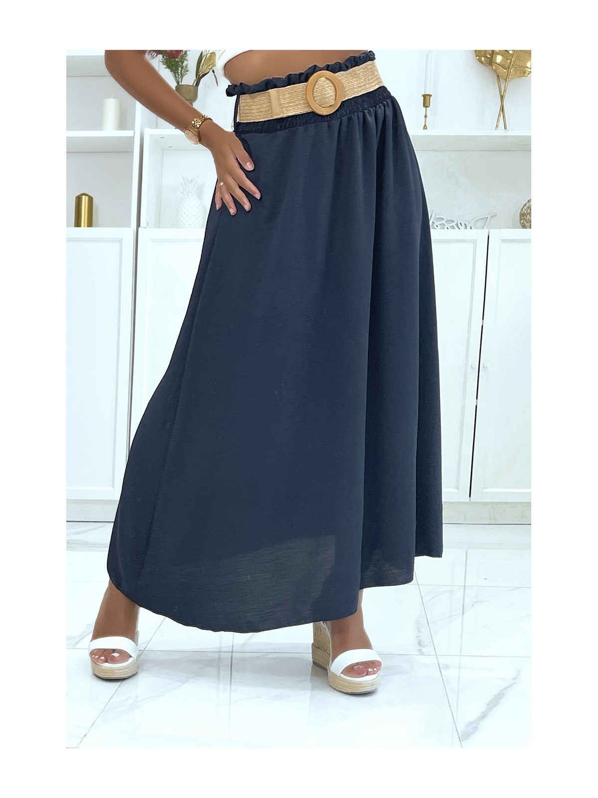 Longue jupe marine à ceinture effet paille élastique à la taille couleur vitaminée - 2