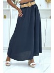 Longue jupe marine à ceinture effet paille élastique à la taille couleur vitaminée - 2