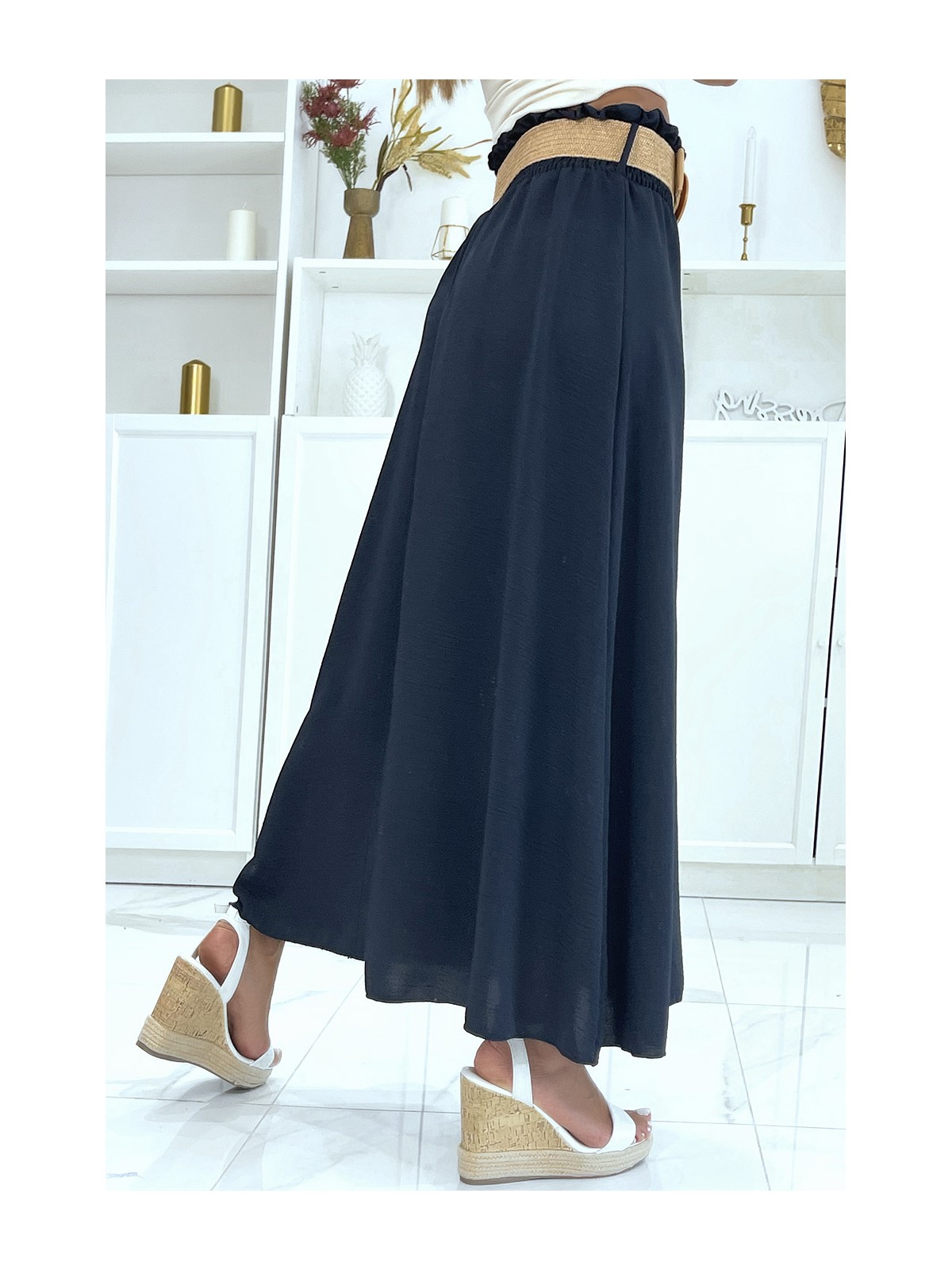 Longue jupe marine à ceinture effet paille élastique à la taille couleur vitaminée - 4