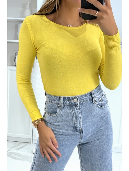 Pull jaune col rond en maille tricot très extensible et très doux - 1