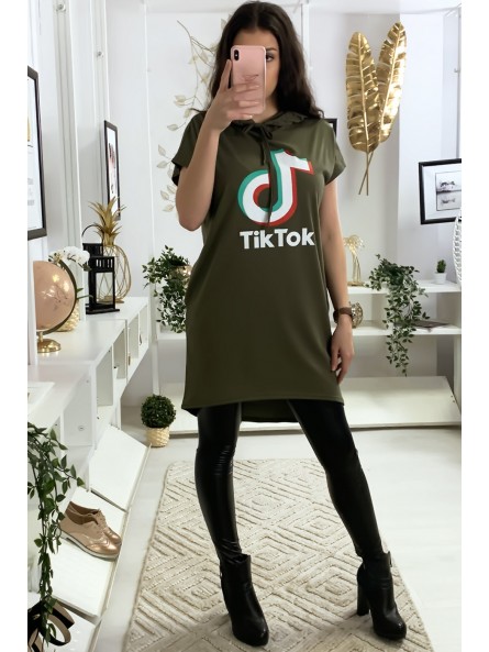 Tunique à capuche kaki avec écriture tik tok et capuche - 2