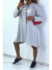 Robe tunique grise avec écriture vintage et capuche - 1