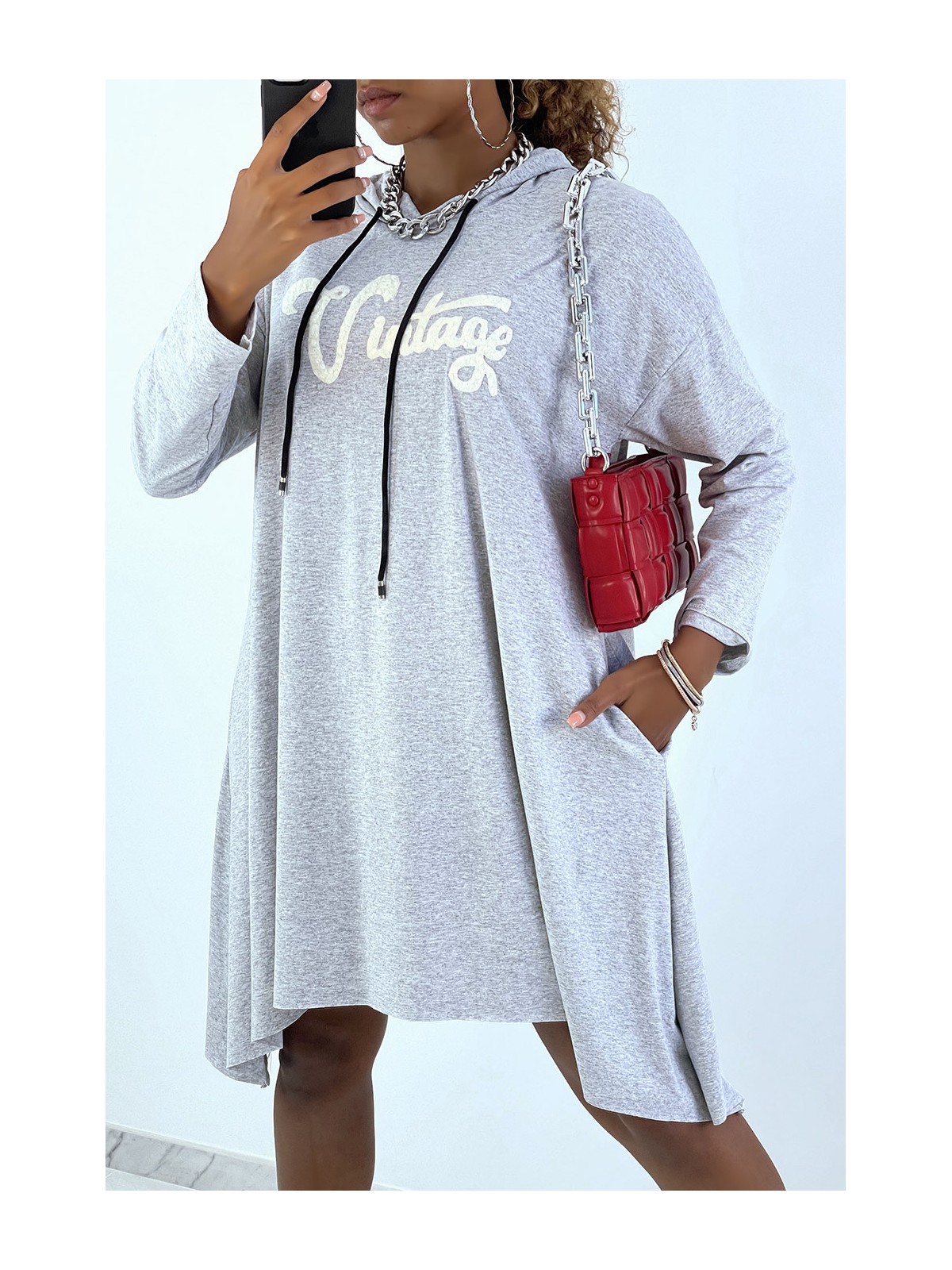 Robe tunique grise avec écriture vintage et capuche - 2