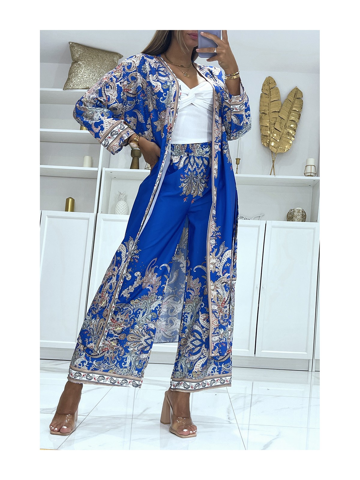 EnKEmble kimono et pantalon fluide royal à motif oriental - 1