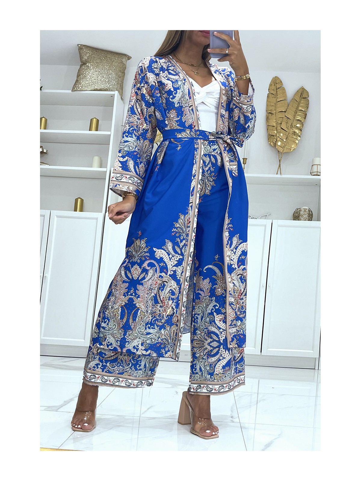 EnKEmble kimono et pantalon fluide royal à motif oriental - 3