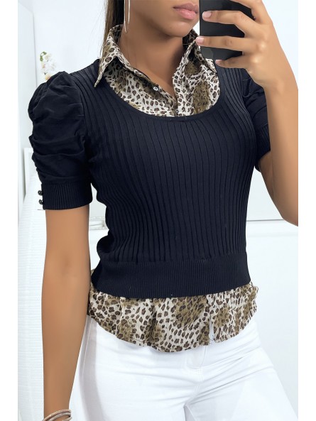 PuBP shirt noir côtelé bi matière chemise léopard

 - 1
