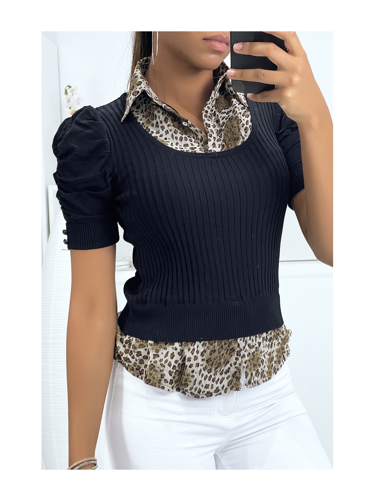 PuBP shirt noir côtelé bi matière chemise léopard

 - 1