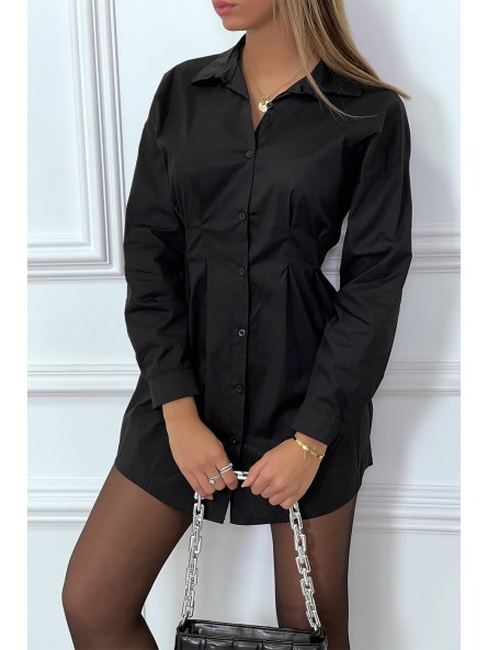 Robe chemise noire en coton cintré avec plis à la taille - 3