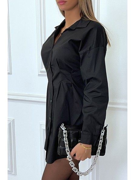 Robe chemise noire en coton cintré avec plis à la taille - 5