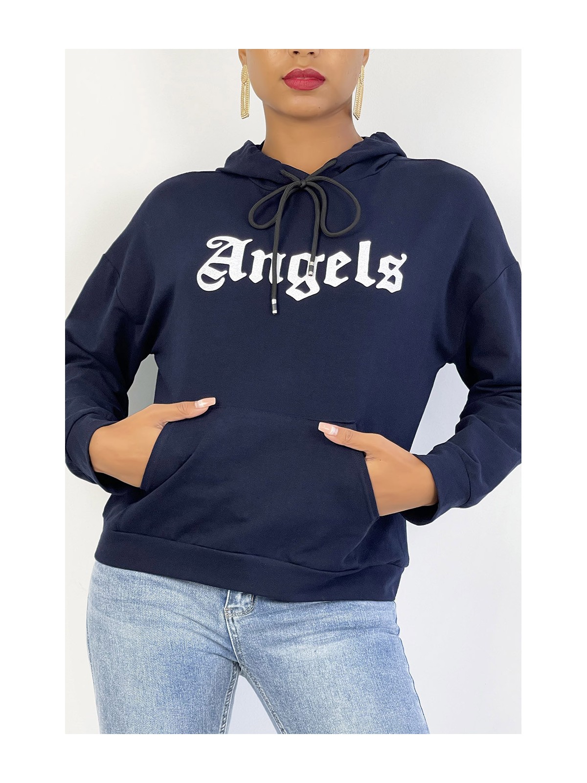 SwNMt à capuche marine avec écriture ANGELS et poches - 4