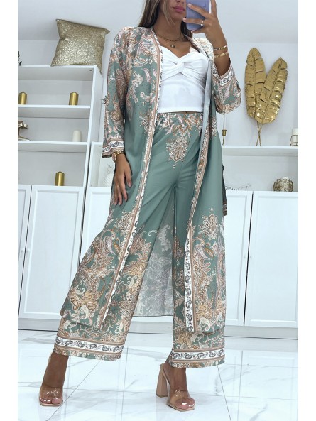 EnKEmble kimono et pantalon fluide vert d'eau à motif oriental - 2