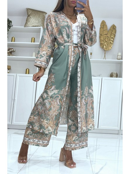 EnKEmble kimono et pantalon fluide vert d'eau à motif oriental - 3