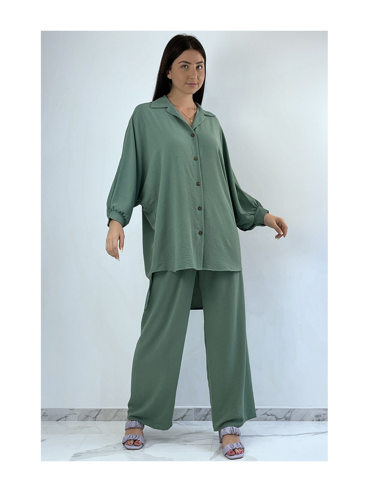 EnLEmble chemise ample et long en vert avec pantalon palazzo - 3