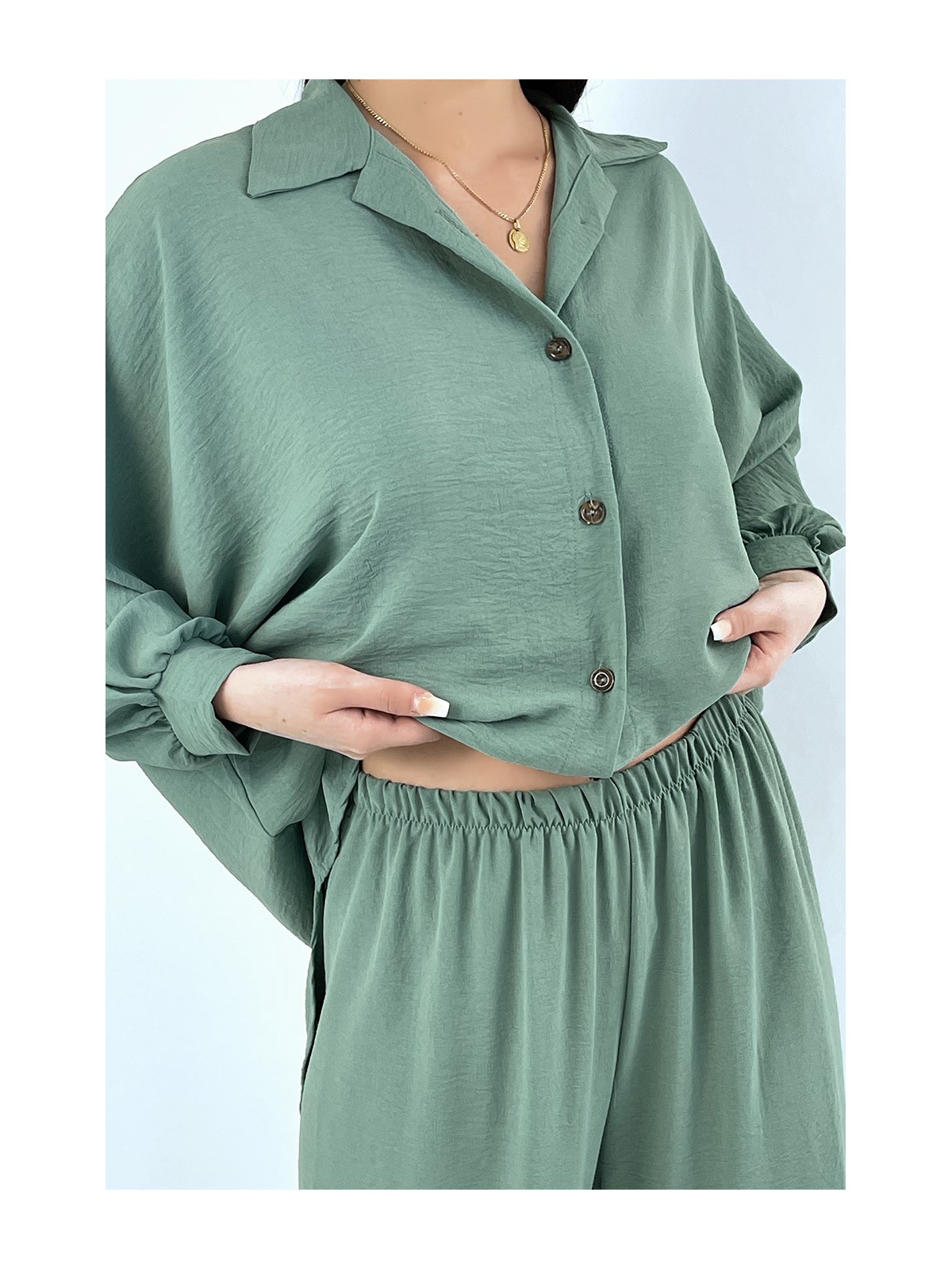 EnLEmble chemise ample et long en vert avec pantalon palazzo - 8
