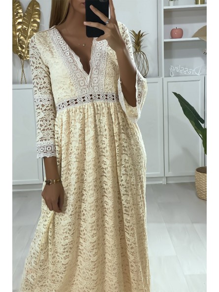 LoLLue robe beige en dentelle avec broderie au col et à la taille - 4