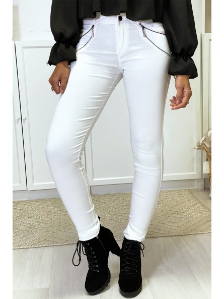 Pantalon slim blanc en strech avec zip et suédine - 3
