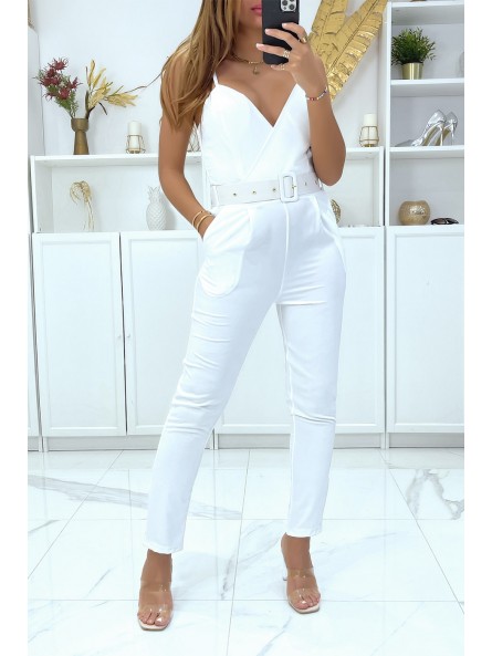 CoWCinaison pantalon blanc croisé au buste avec ceinture et poches - 1