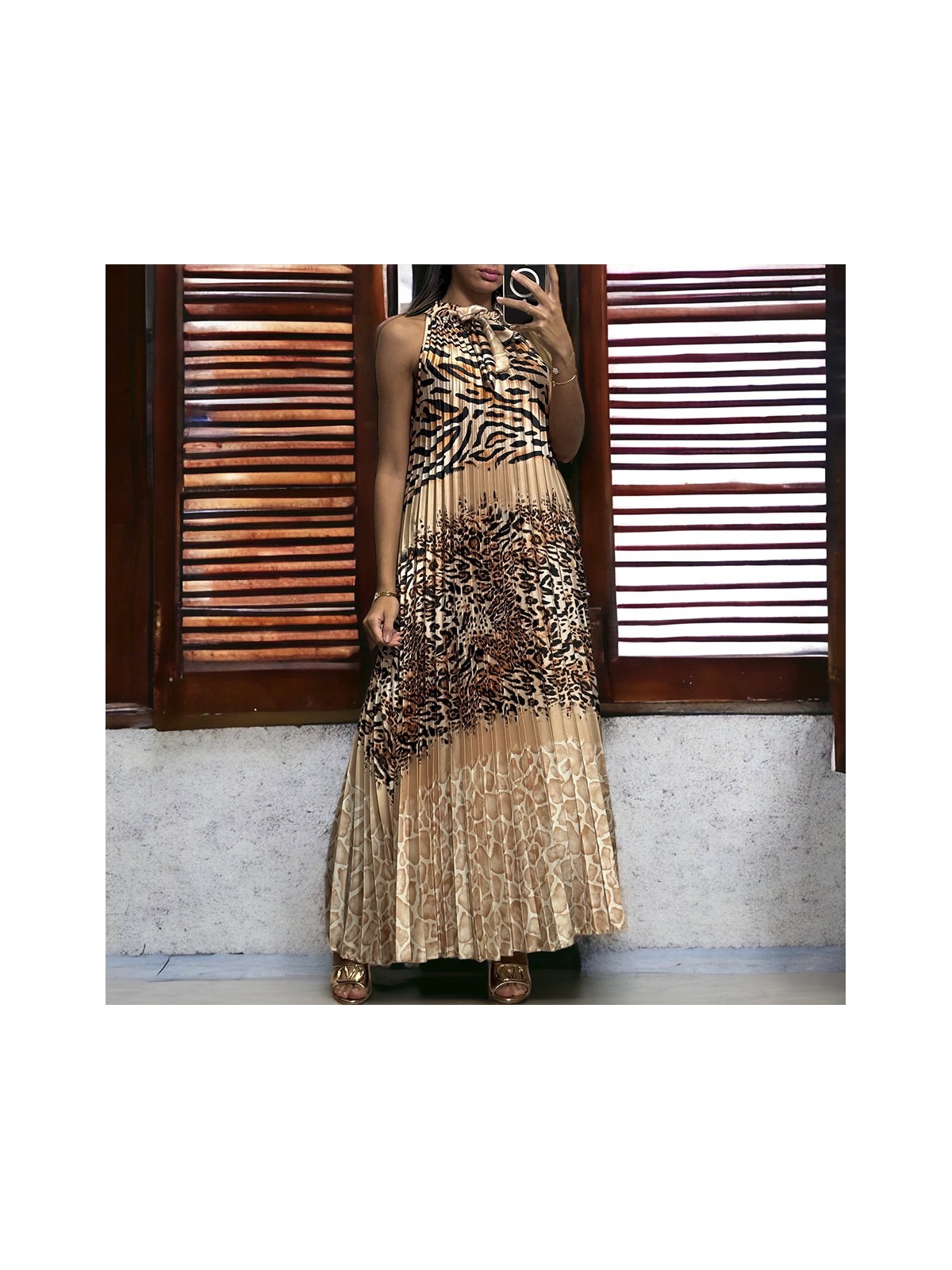 Longue robe plissé beige avec motif léopard - 2