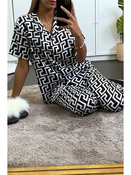 Ensemble de pyjama blanc manche courte et pantalon à motif labyrinthe noir - 4
