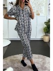 Ensemble de pyjama blanc manche courte et pantalon à motif labyrinthe noir - 5