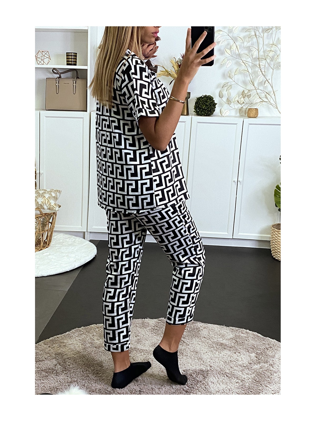 Ensemble de pyjama blanc manche courte et pantalon à motif labyrinthe noir - 6