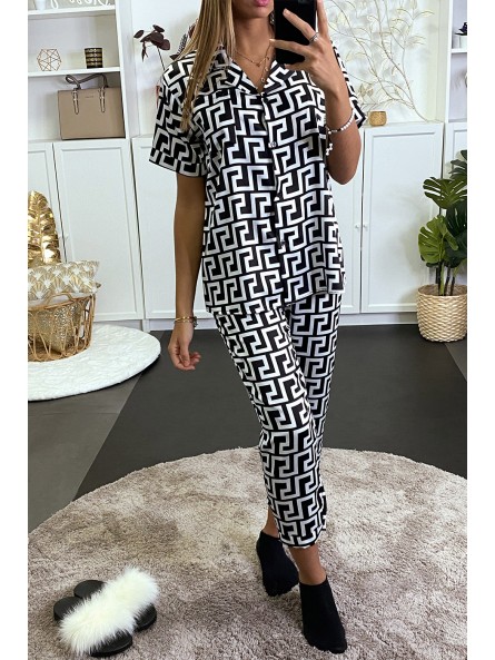 Ensemble de pyjama blanc manche courte et pantalon à motif labyrinthe noir - 7
