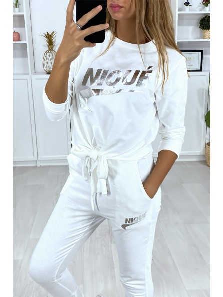 Ensemble blanc avec poches au jogging et noeud et écriture dérivé de marque argenté - 3