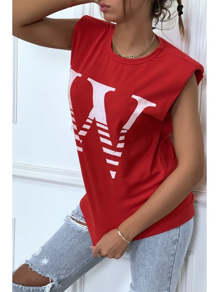 T-shirt rouge avec épaulettes et écriture W. T-shirt femme en coton - 2
