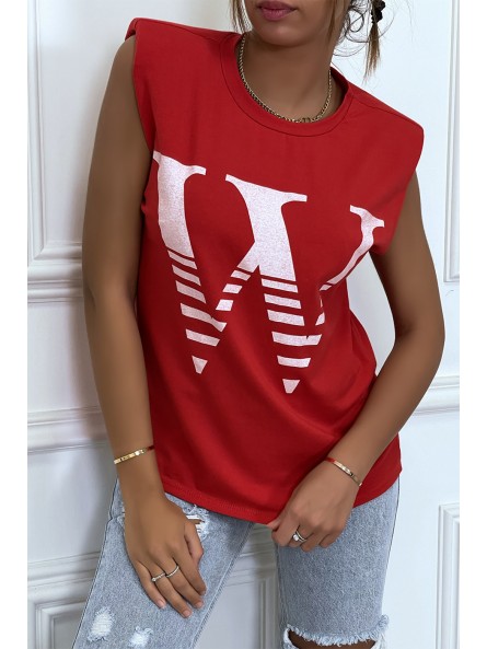 T-shirt rouge avec épaulettes et écriture W. T-shirt femme en coton - 3