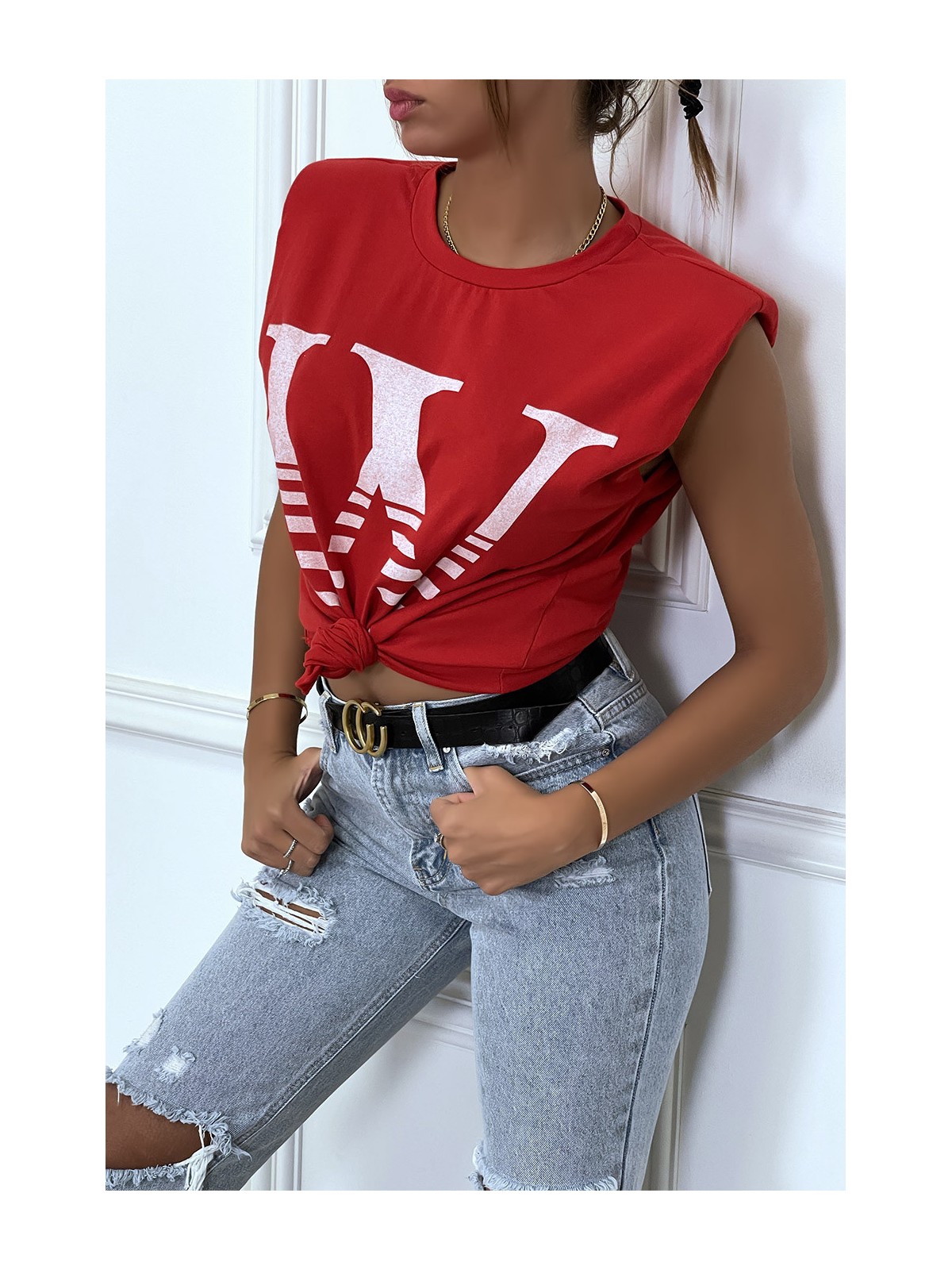 T-shirt rouge avec épaulettes et écriture W. T-shirt femme en coton - 4