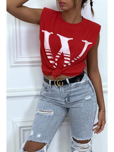 T-shirt rouge avec épaulettes et écriture W. T-shirt femme en coton - 5