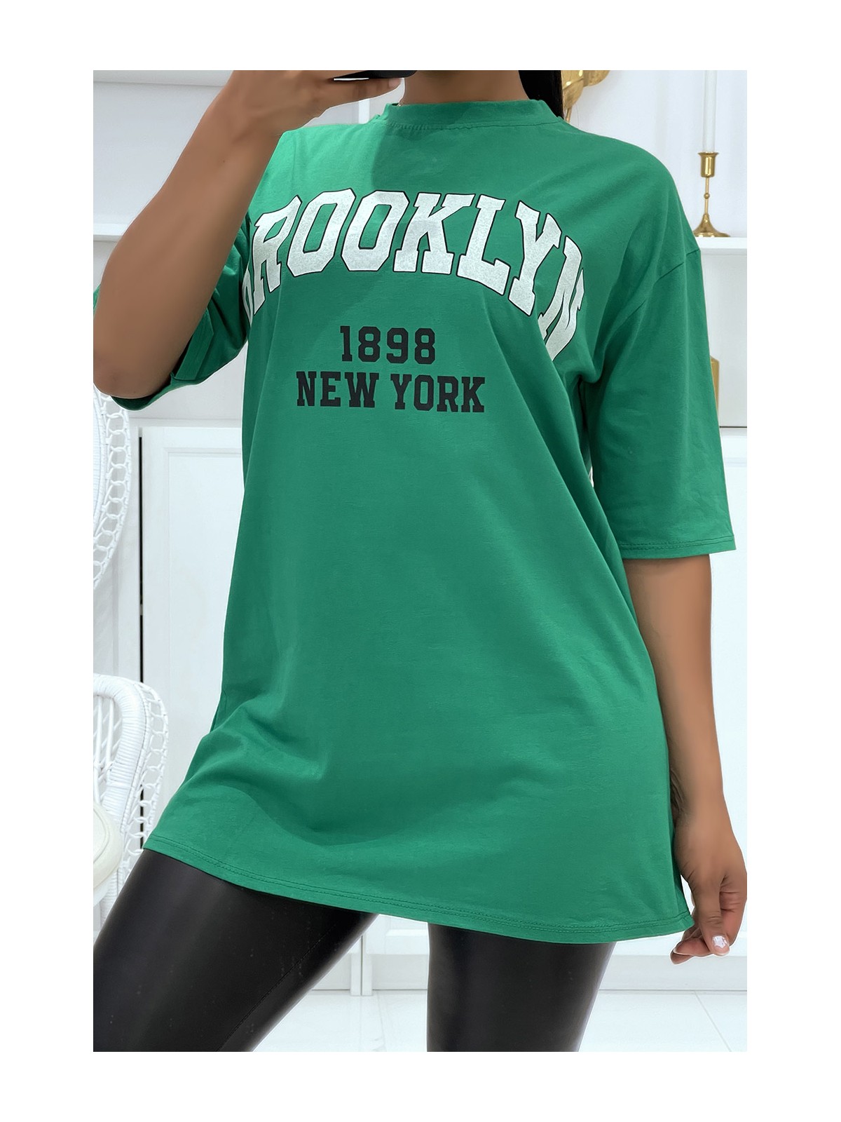 T-OOirt Oversize vert à écriture Brooklyn et New York - 1