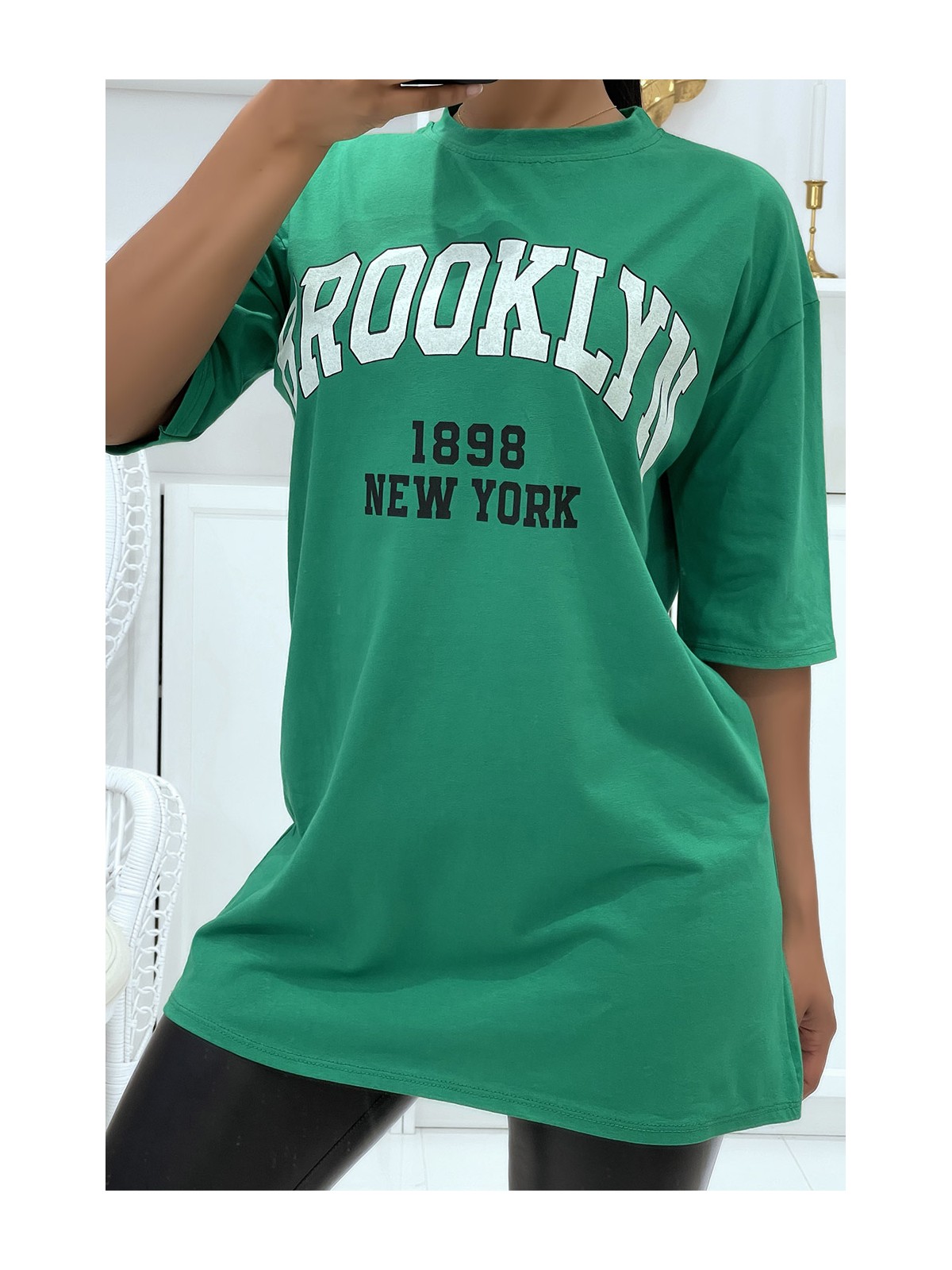 T-OOirt Oversize vert à écriture Brooklyn et New York - 2