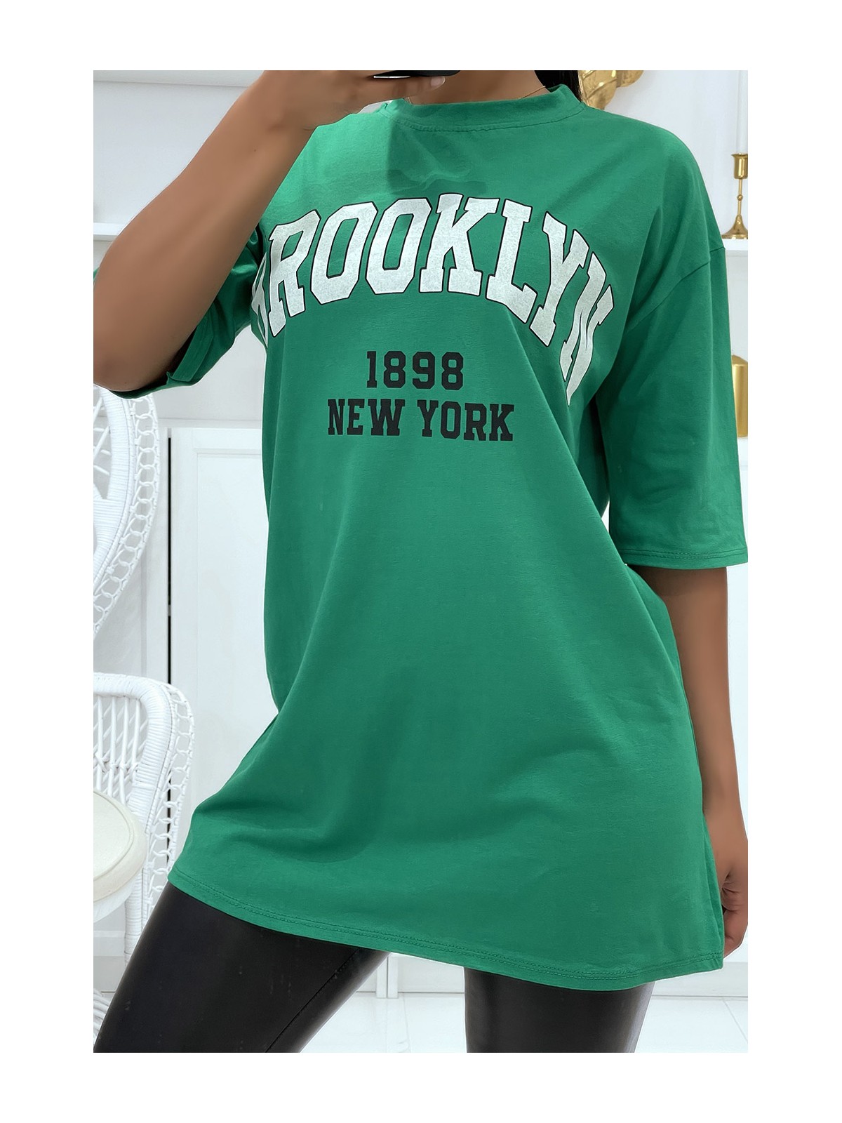 T-OOirt Oversize vert à écriture Brooklyn et New York - 3