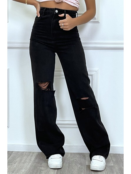 Jeans boot-cut noir taille haute déchiré aux genoux. Jeans hyper tendance 2021 instagram et TikTok - 4