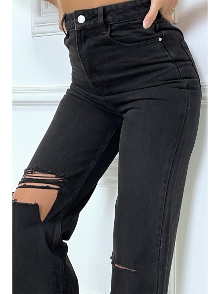 Jeans boot-cut noir taille haute déchiré aux genoux. Jeans hyper tendance 2021 instagram et TikTok - 8
