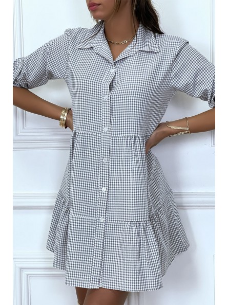 Robe chemise grise motif vichy froncée - 6
