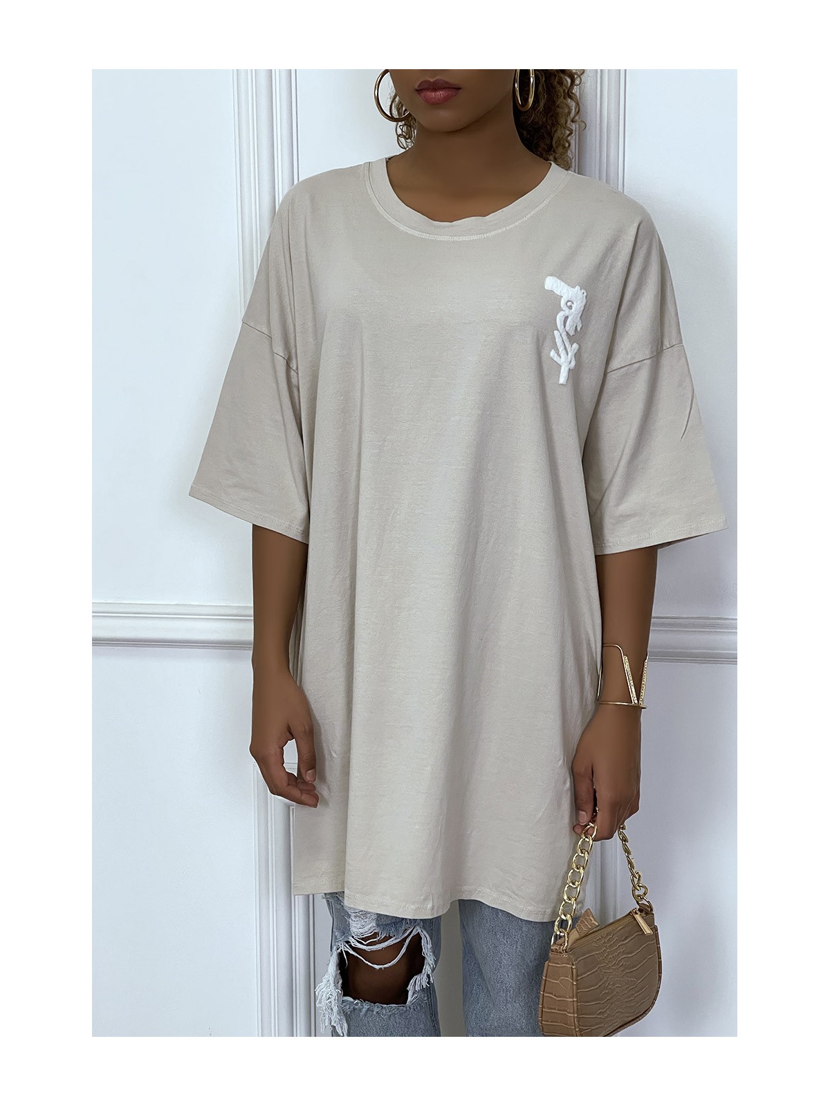 TeTTshirt oversize beige tendance avec dessin en coton - 1