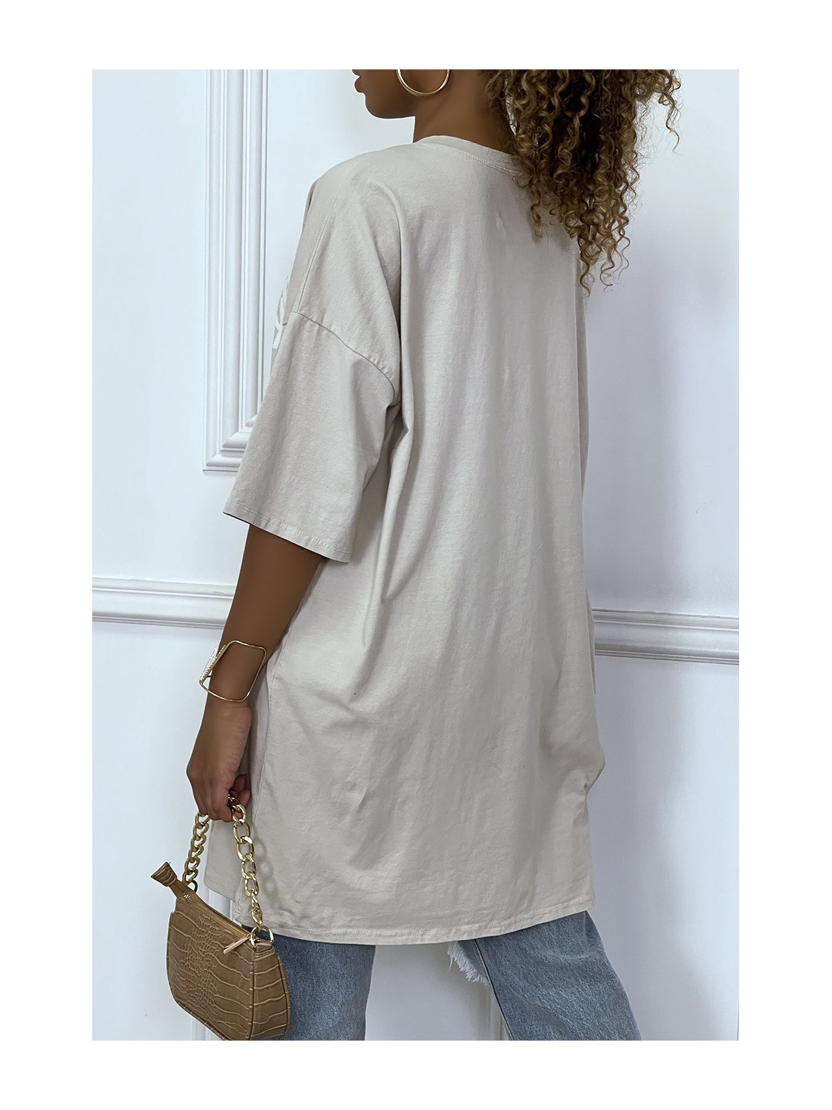 TeTTshirt oversize beige tendance avec dessin en coton - 3