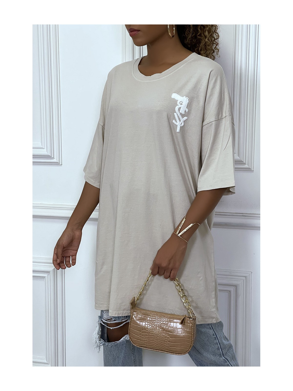 TeTTshirt oversize beige tendance avec dessin en coton - 4