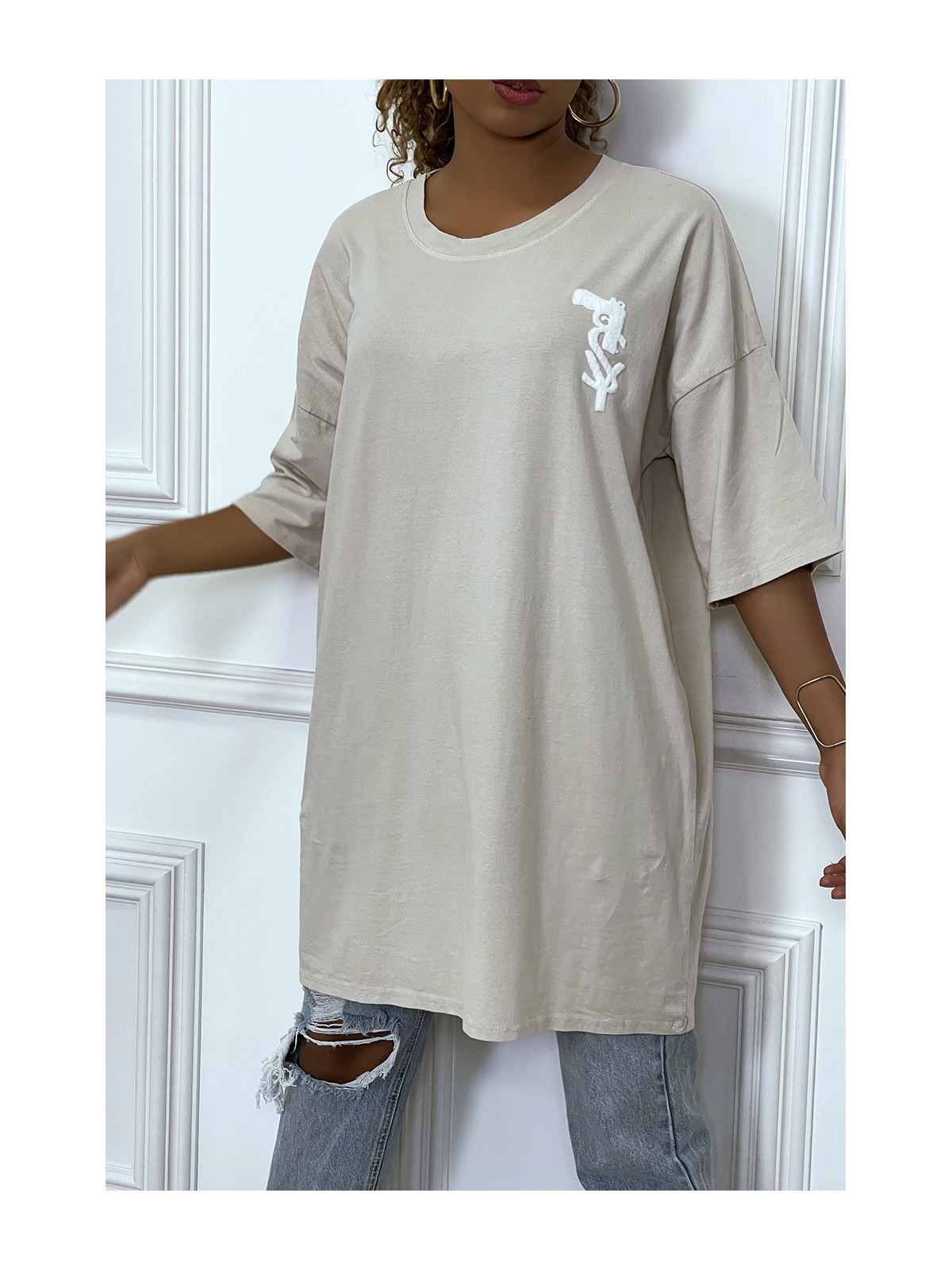 TeTTshirt oversize beige tendance avec dessin en coton - 5