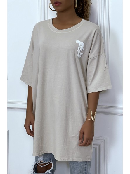TeTTshirt oversize beige tendance avec dessin en coton - 6