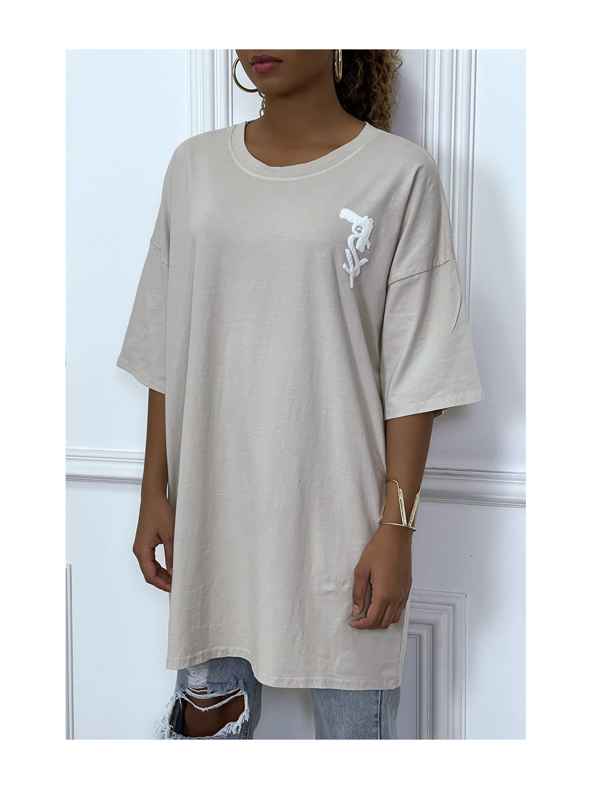 TeTTshirt oversize beige tendance avec dessin en coton - 6