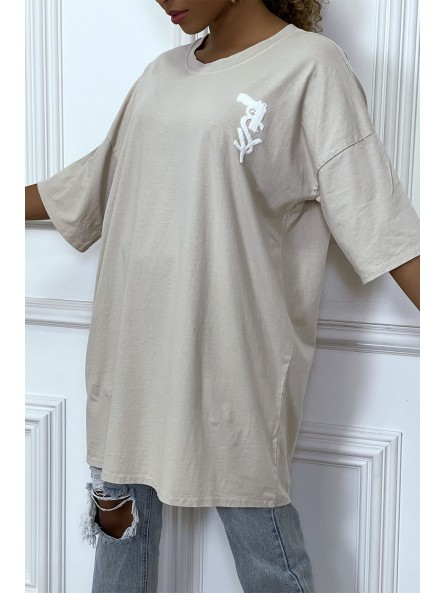 TeTTshirt oversize beige tendance avec dessin en coton - 7