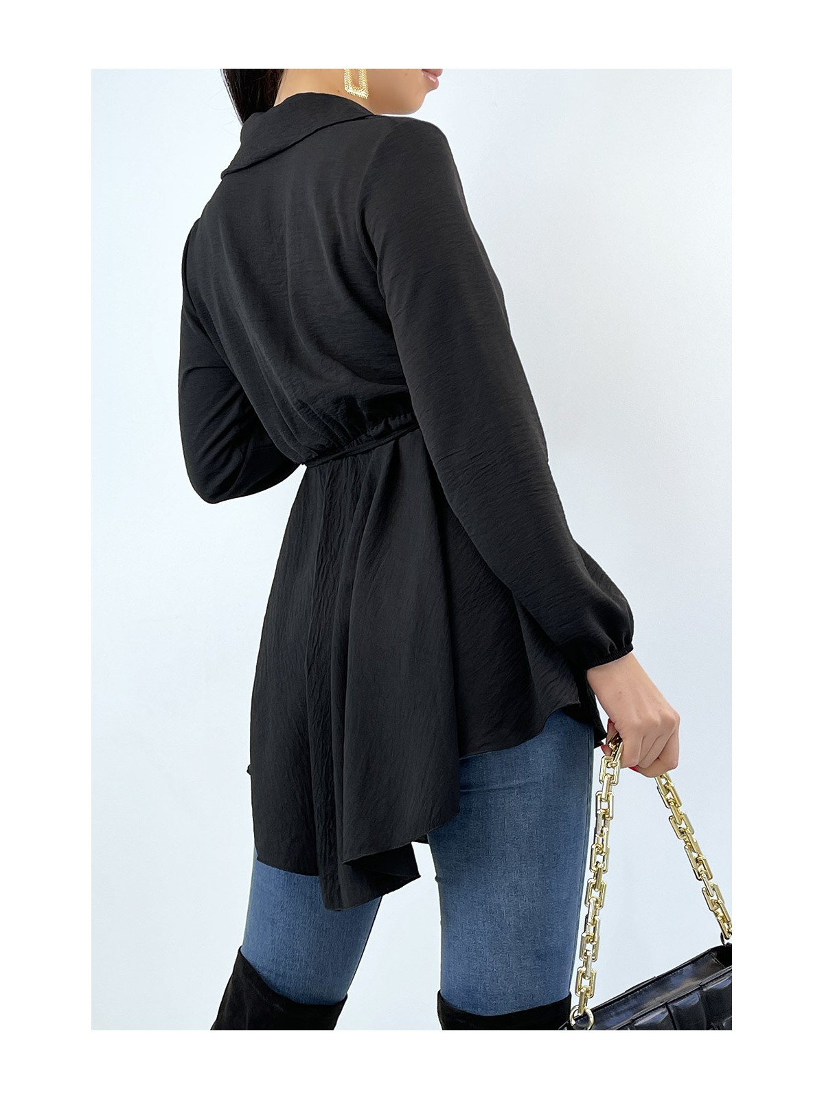 Tunique noire style chemise évasée avec ceinture - 3